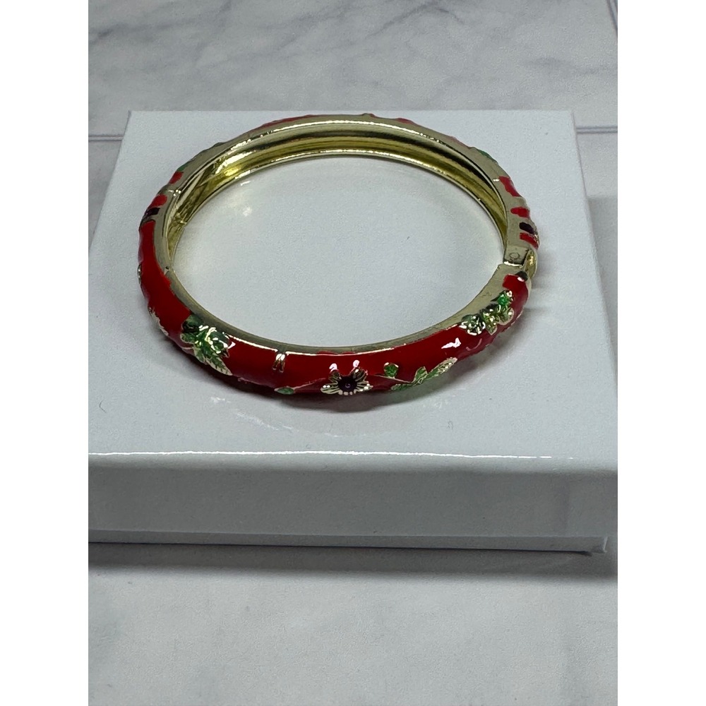 Red Enamel Floral Hinge Bangle Bracelet Gold Tone Green Leaf New in Box
